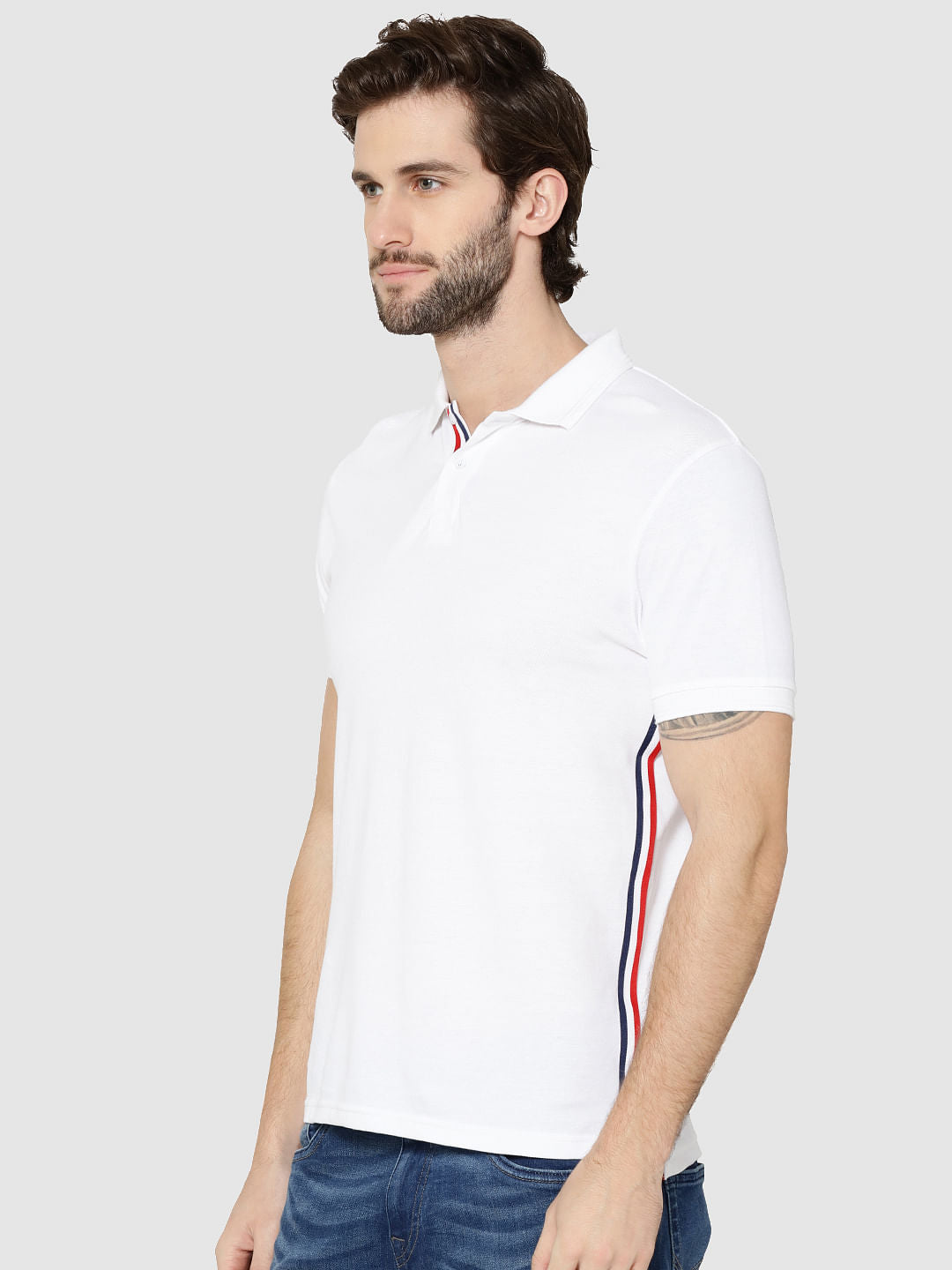 White Tape Detail Polo T-Shirt
