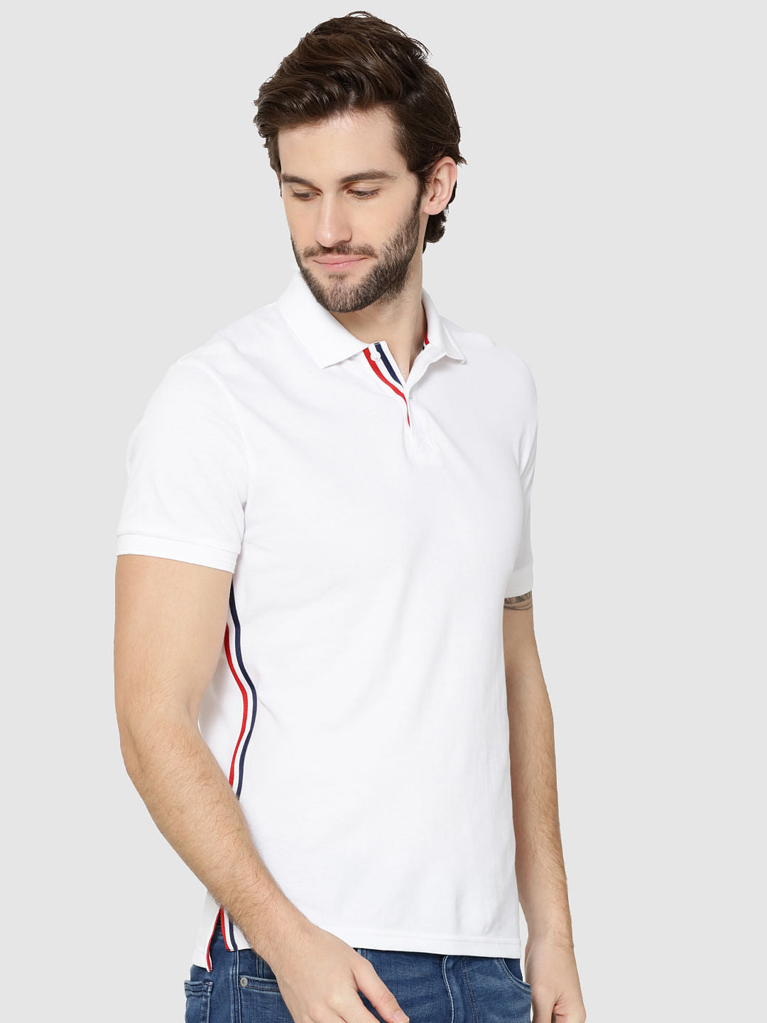 White Tape Detail Polo T-Shirt