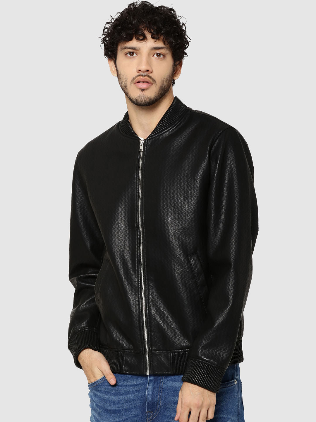 Black Textured Pu Biker Jacket