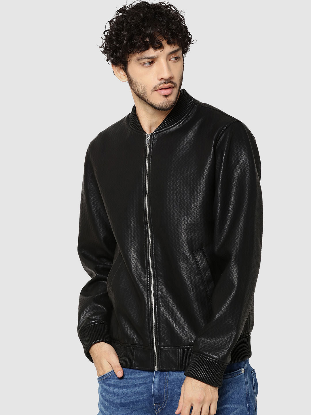 Black Textured Pu Biker Jacket