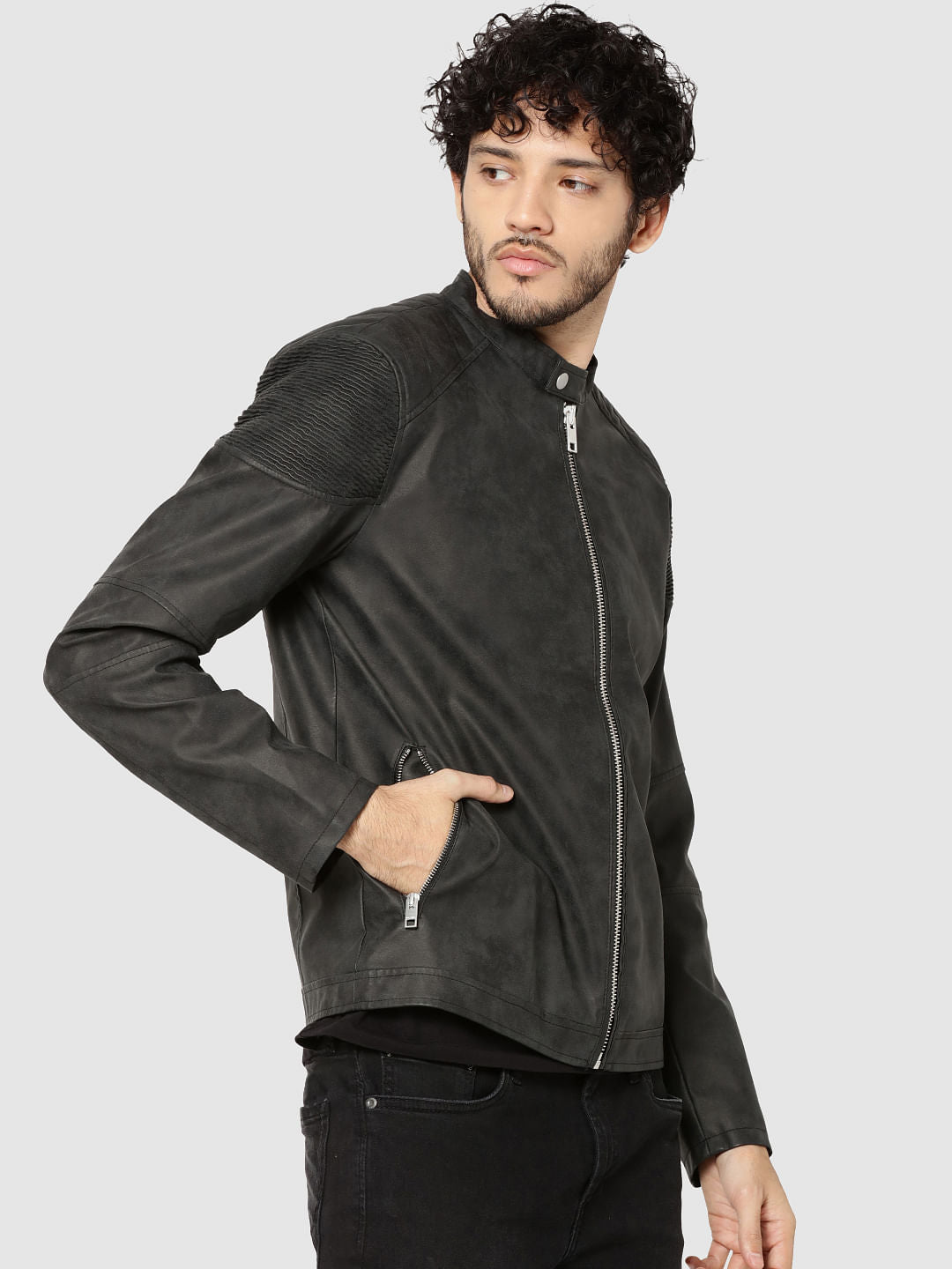 Dark Grey Pu Ribbed Shoulder Biker Jacket