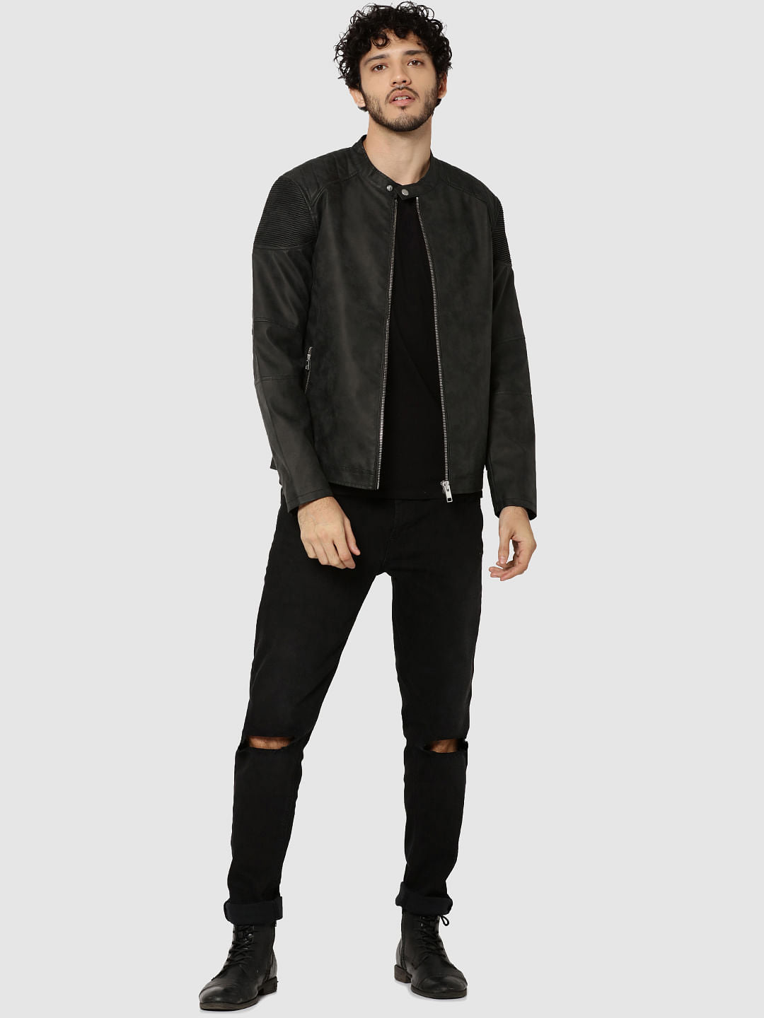 Dark Grey Pu Ribbed Shoulder Biker Jacket