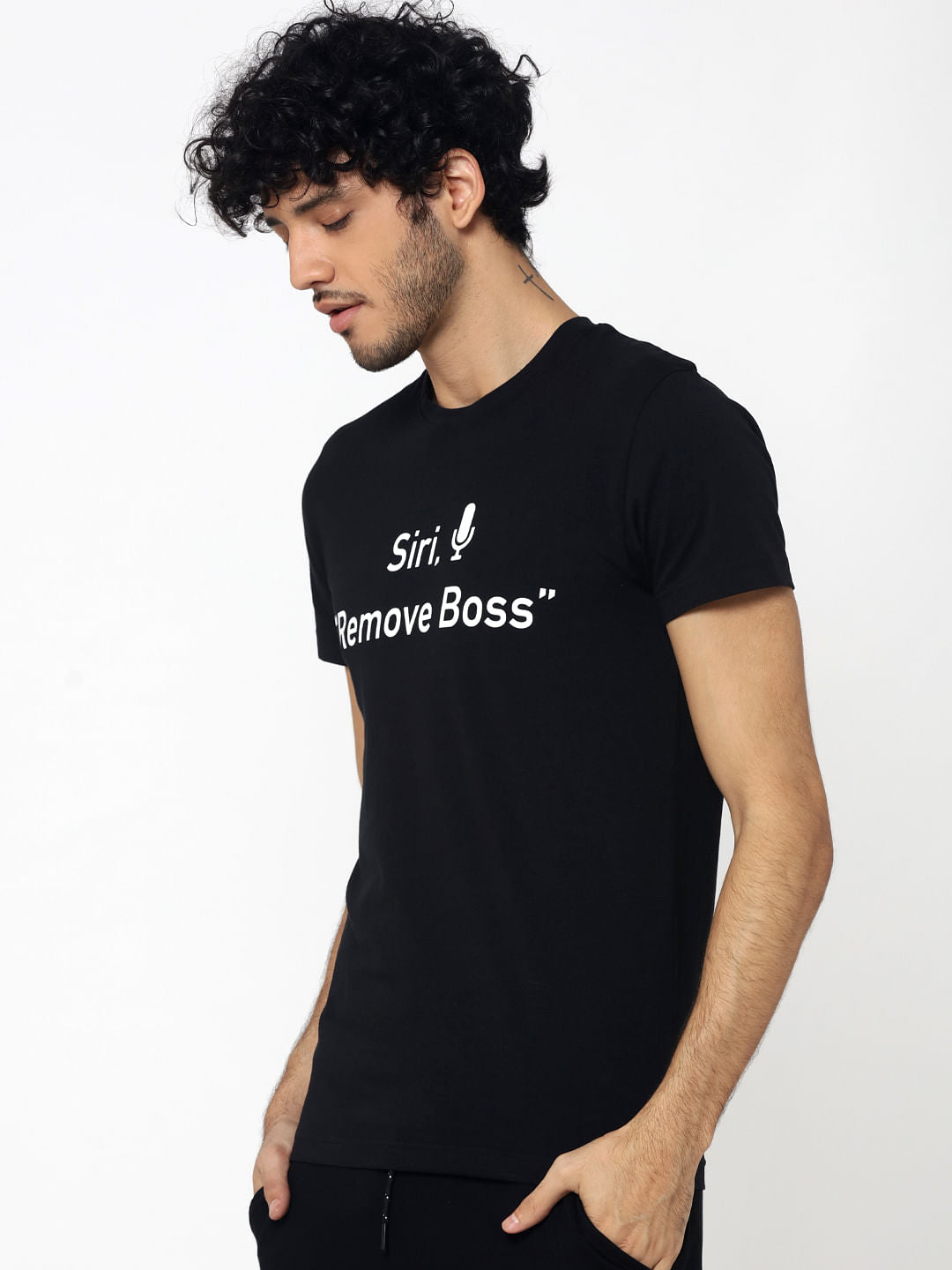 Black Text Print Crew Neck T-Shirt