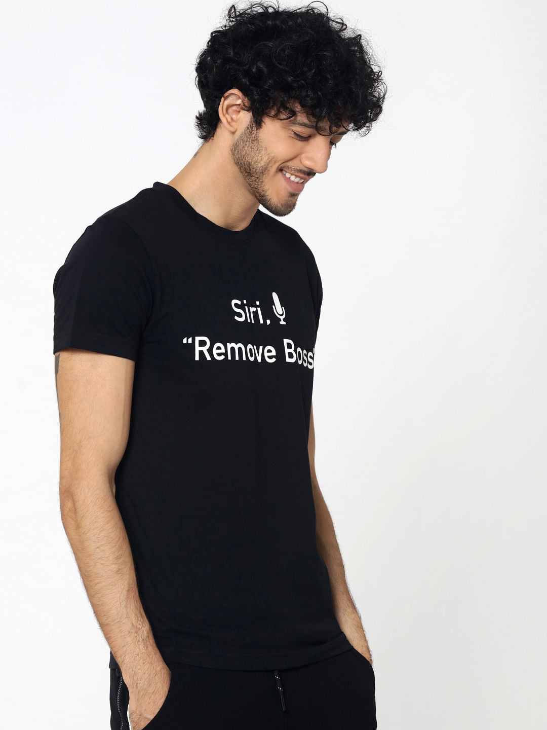 Black Text Print Crew Neck T-Shirt