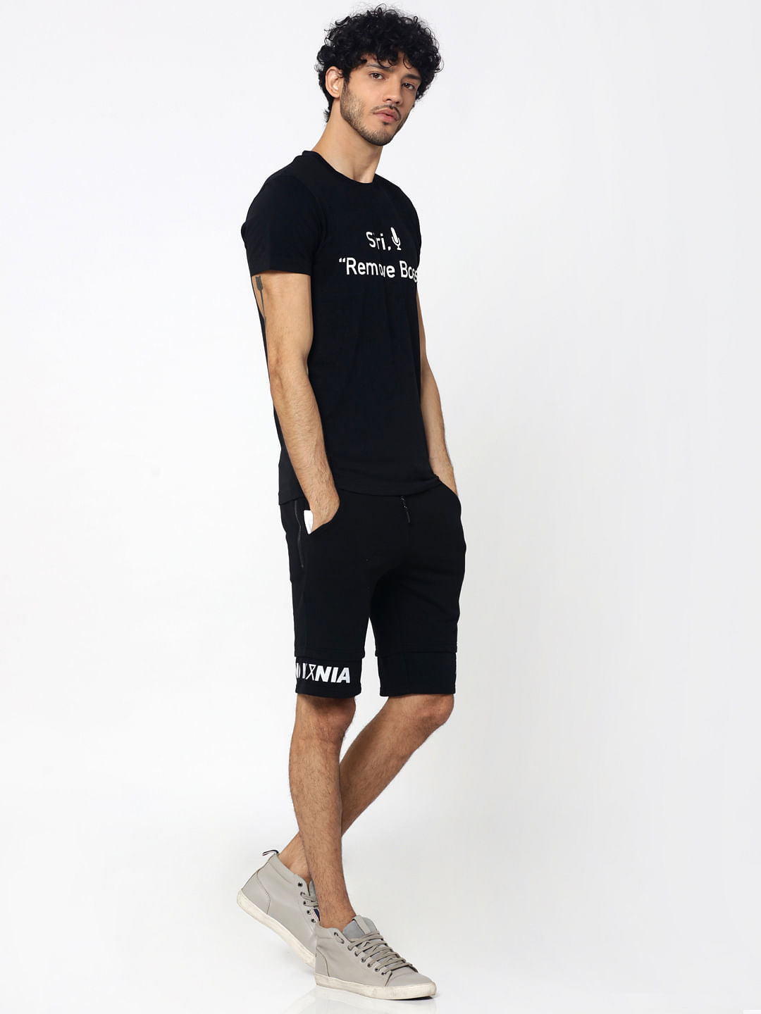 Black Text Print Crew Neck T-Shirt