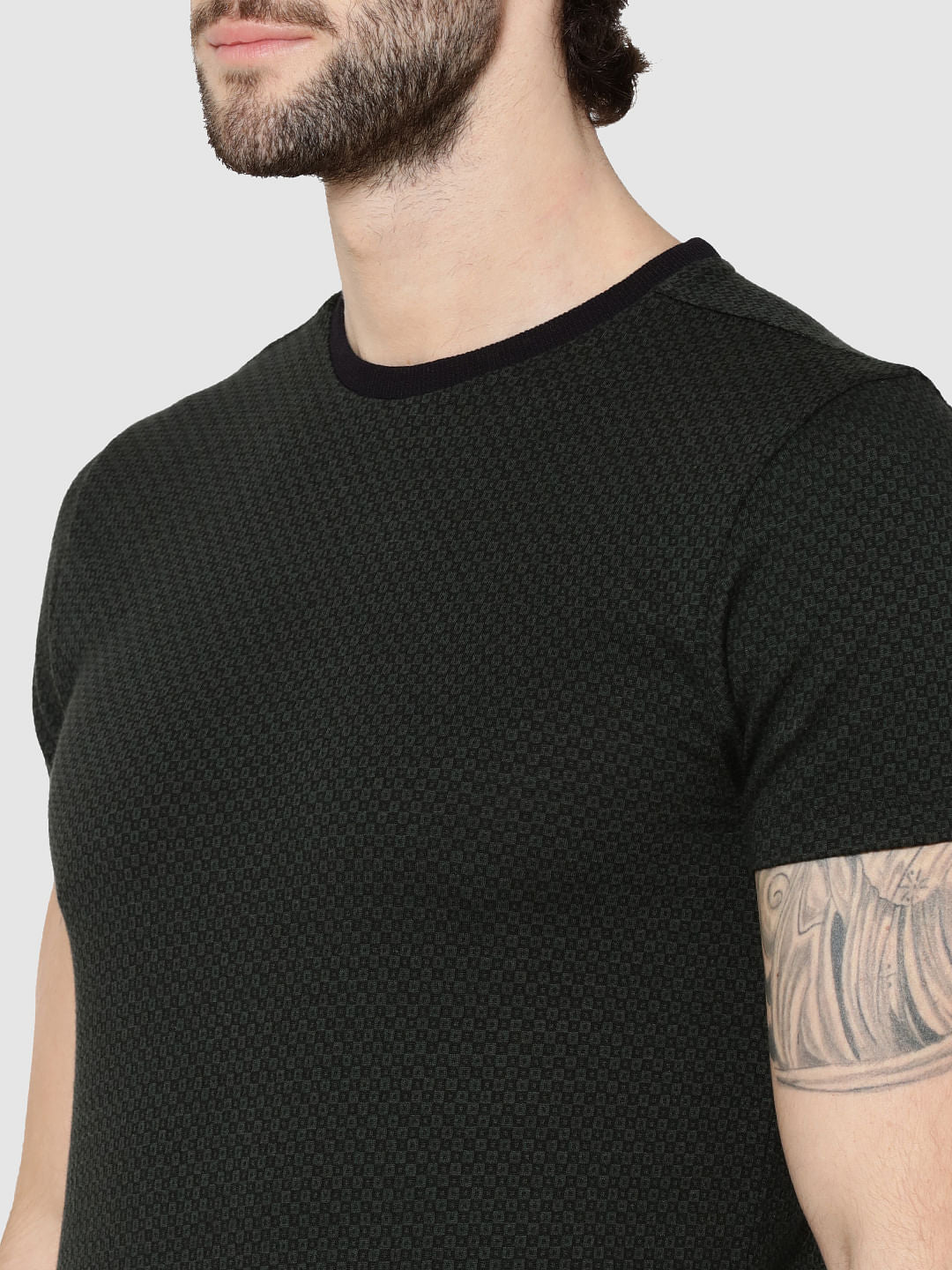 Green Jacquard Weave Crew Neck T-Shirt