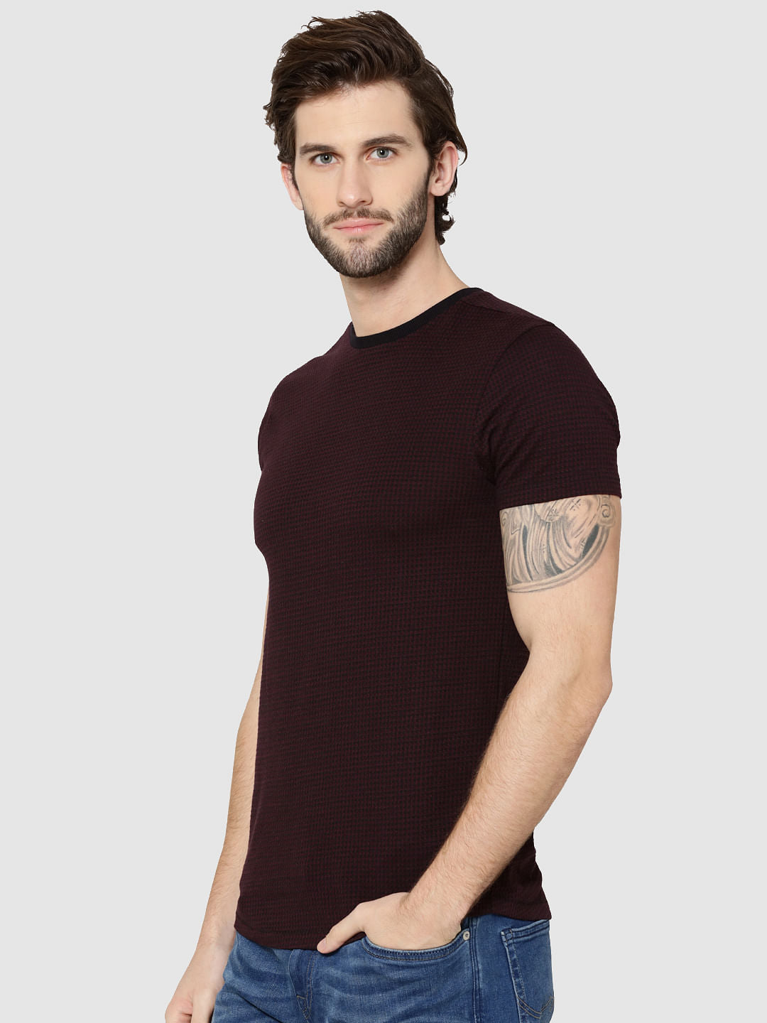 Burgundy Jacquard Crew Neck T-Shirt