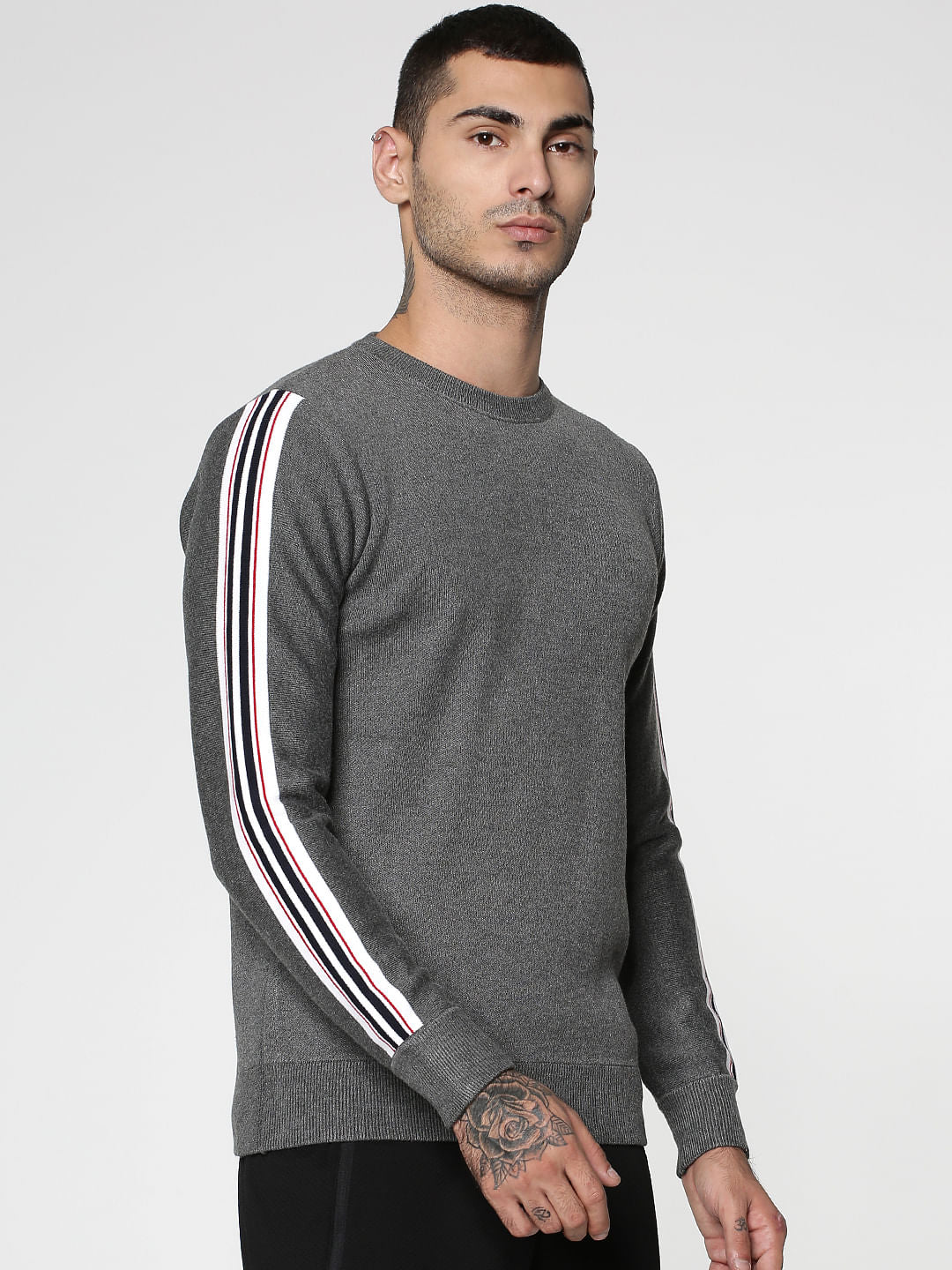 Grey Stripe Tape Detail Crew Neck Sweatshirt