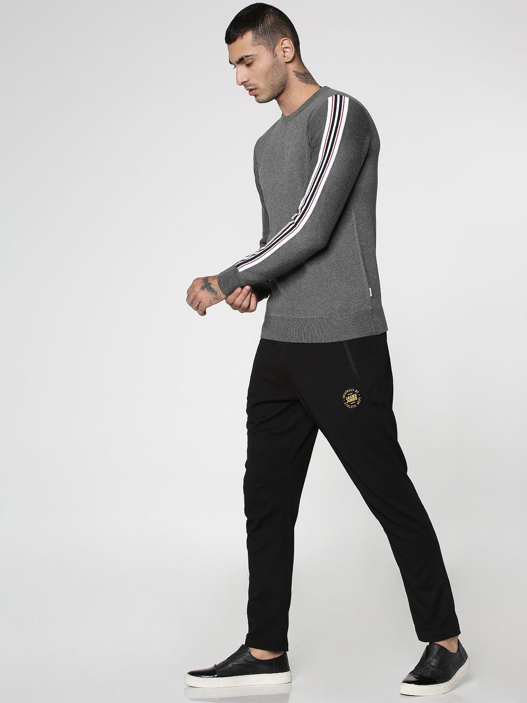 Grey Stripe Tape Detail Crew Neck Sweatshirt
