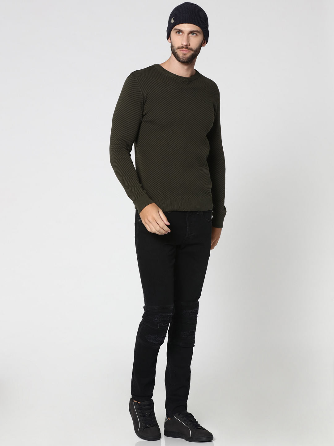 Olive Green Jacquard Crew Neck Sweatshirt