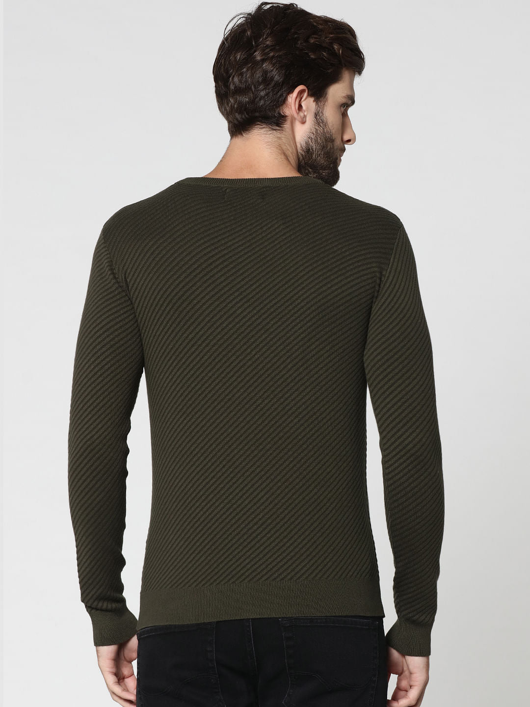 Olive Green Jacquard Crew Neck Sweatshirt