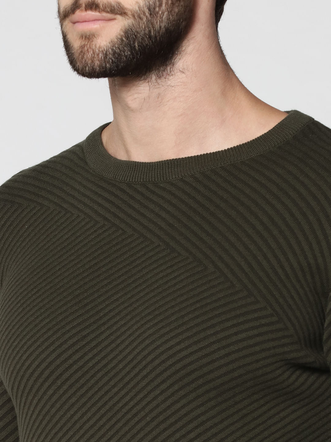 Olive Green Jacquard Crew Neck Sweatshirt
