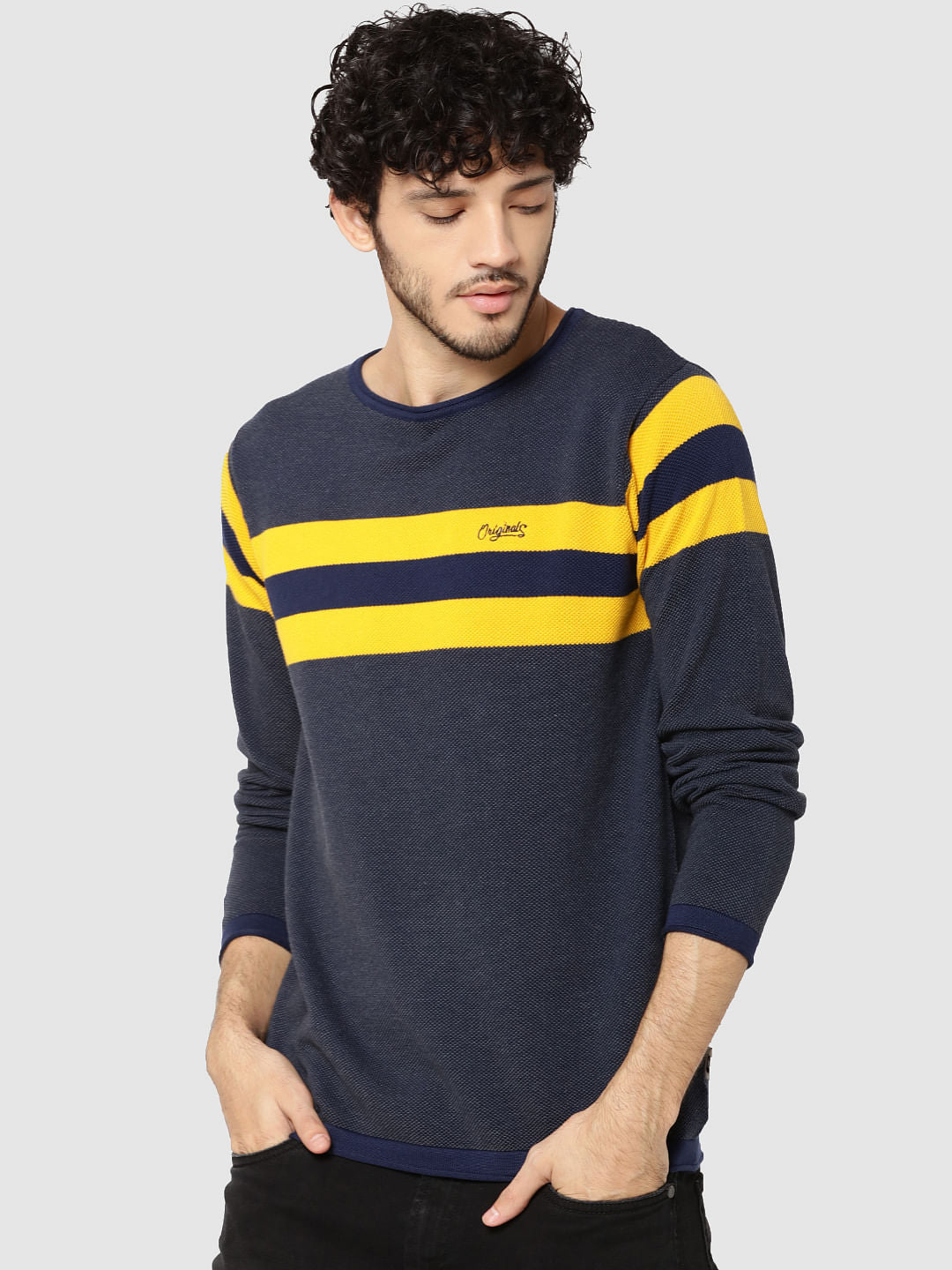 Yellow Striped Full Sleeves Crew Neck T-Shirt