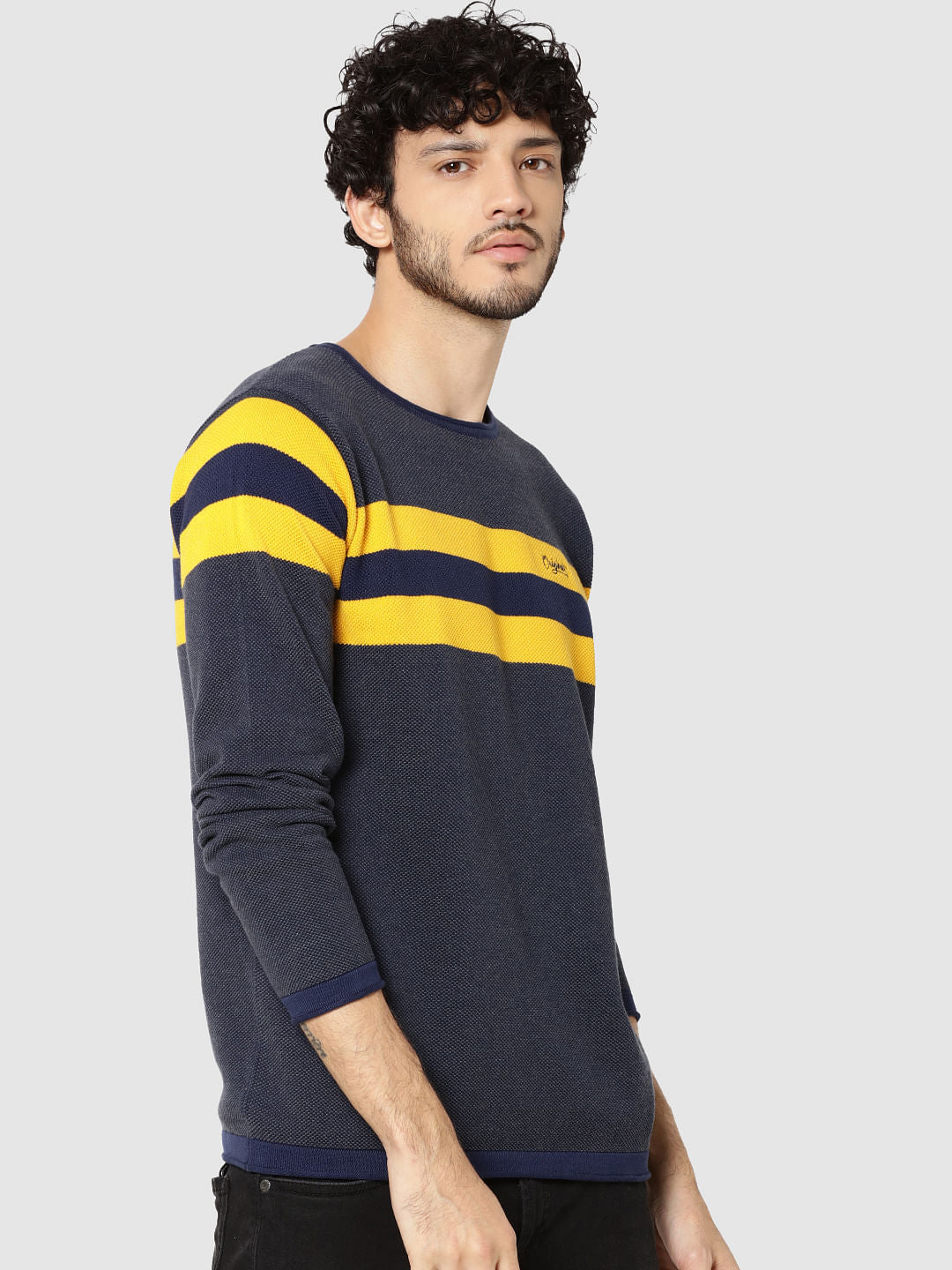 Yellow Striped Full Sleeves Crew Neck T-Shirt