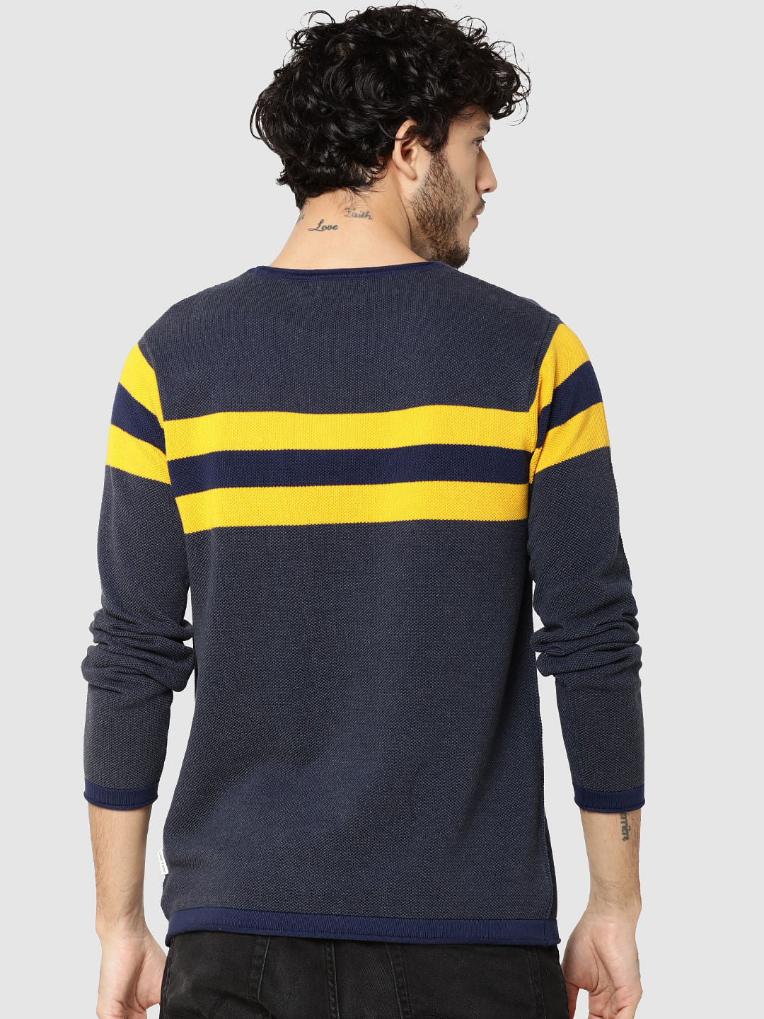 Yellow Striped Full Sleeves Crew Neck T-Shirt