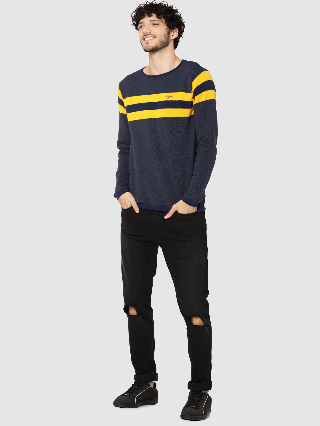 Yellow Striped Full Sleeves Crew Neck T-Shirt