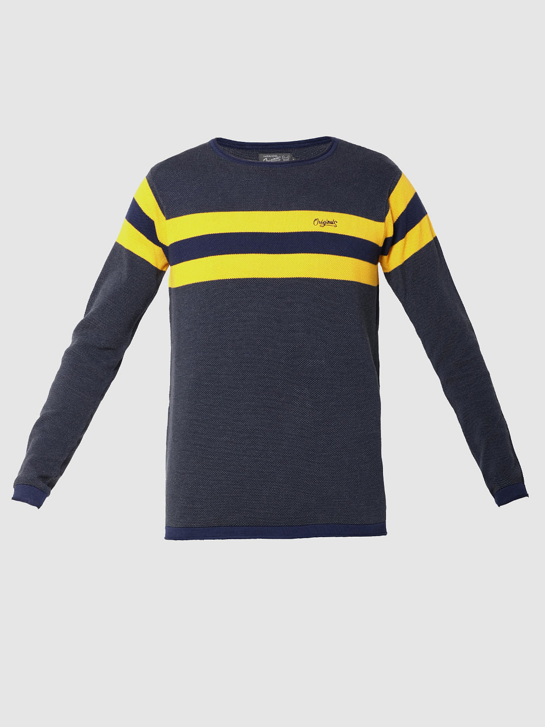 Yellow Striped Full Sleeves Crew Neck T-Shirt