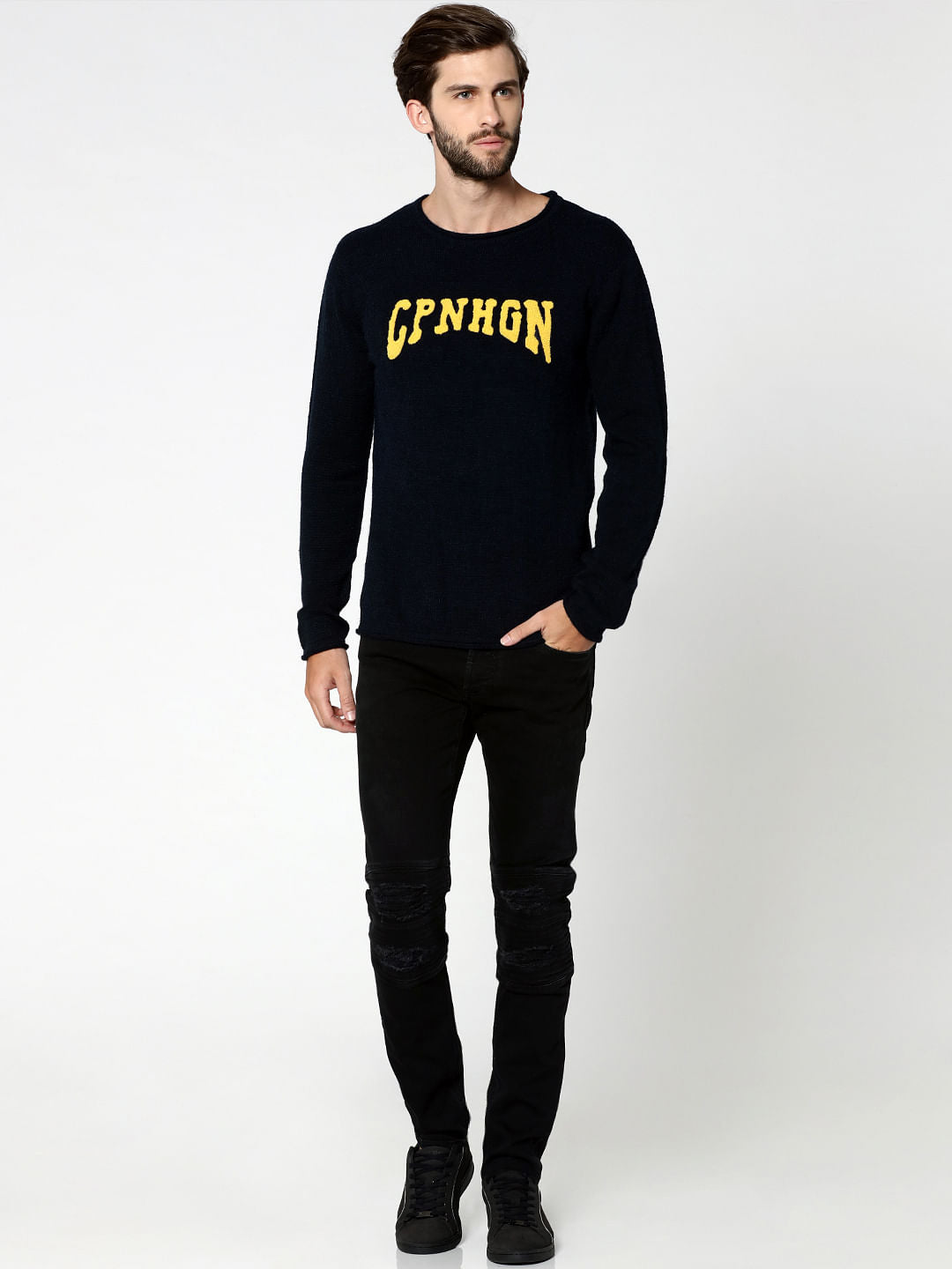 Dark Blue Text Print Pullover