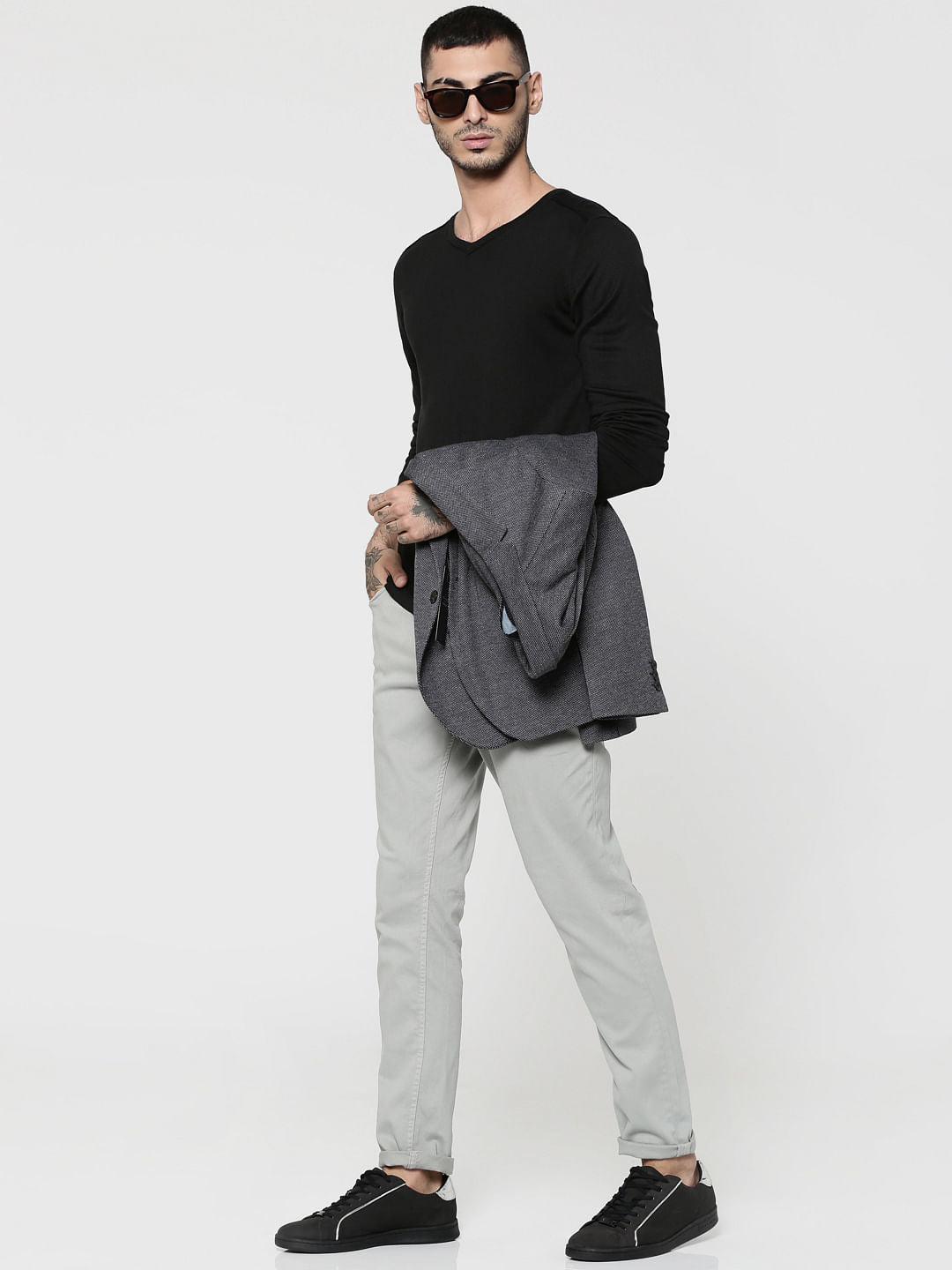 Black V-Neck Full Sleeves T-Shirt