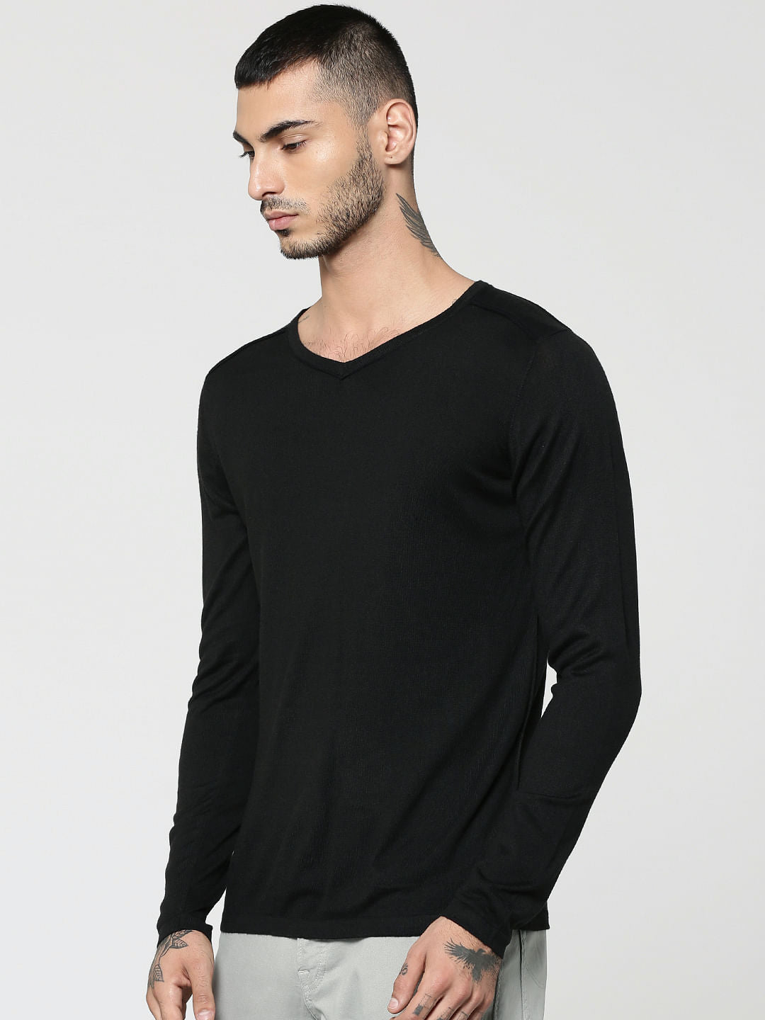 Black V-Neck Full Sleeves T-Shirt