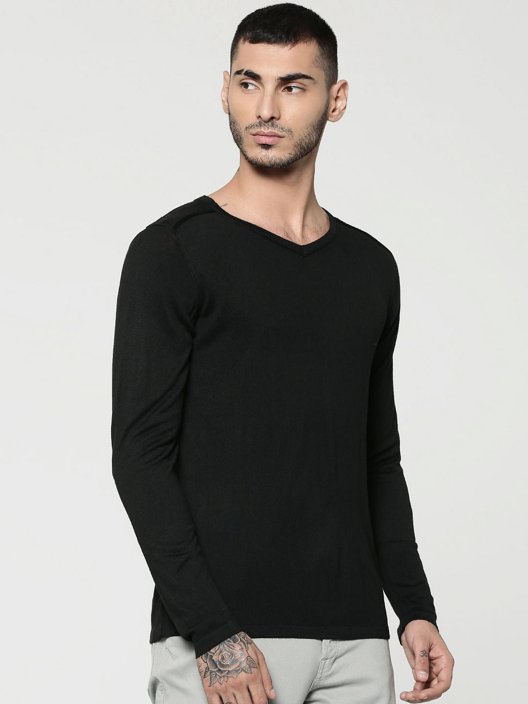 Black V-Neck Full Sleeves T-Shirt