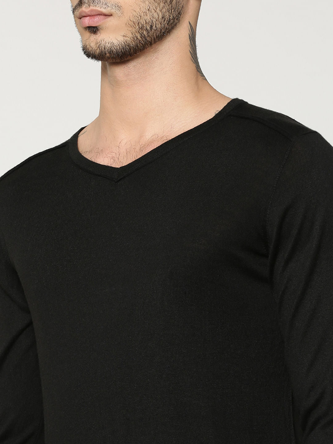 Black V-Neck Full Sleeves T-Shirt