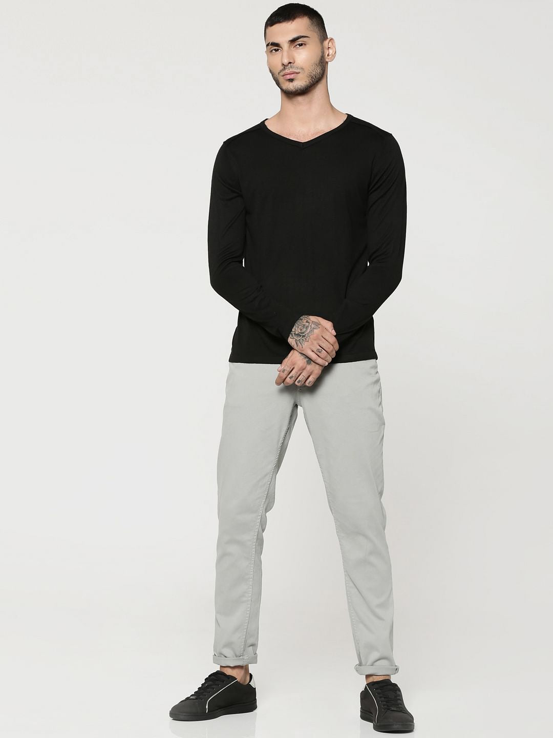 Black V-Neck Full Sleeves T-Shirt