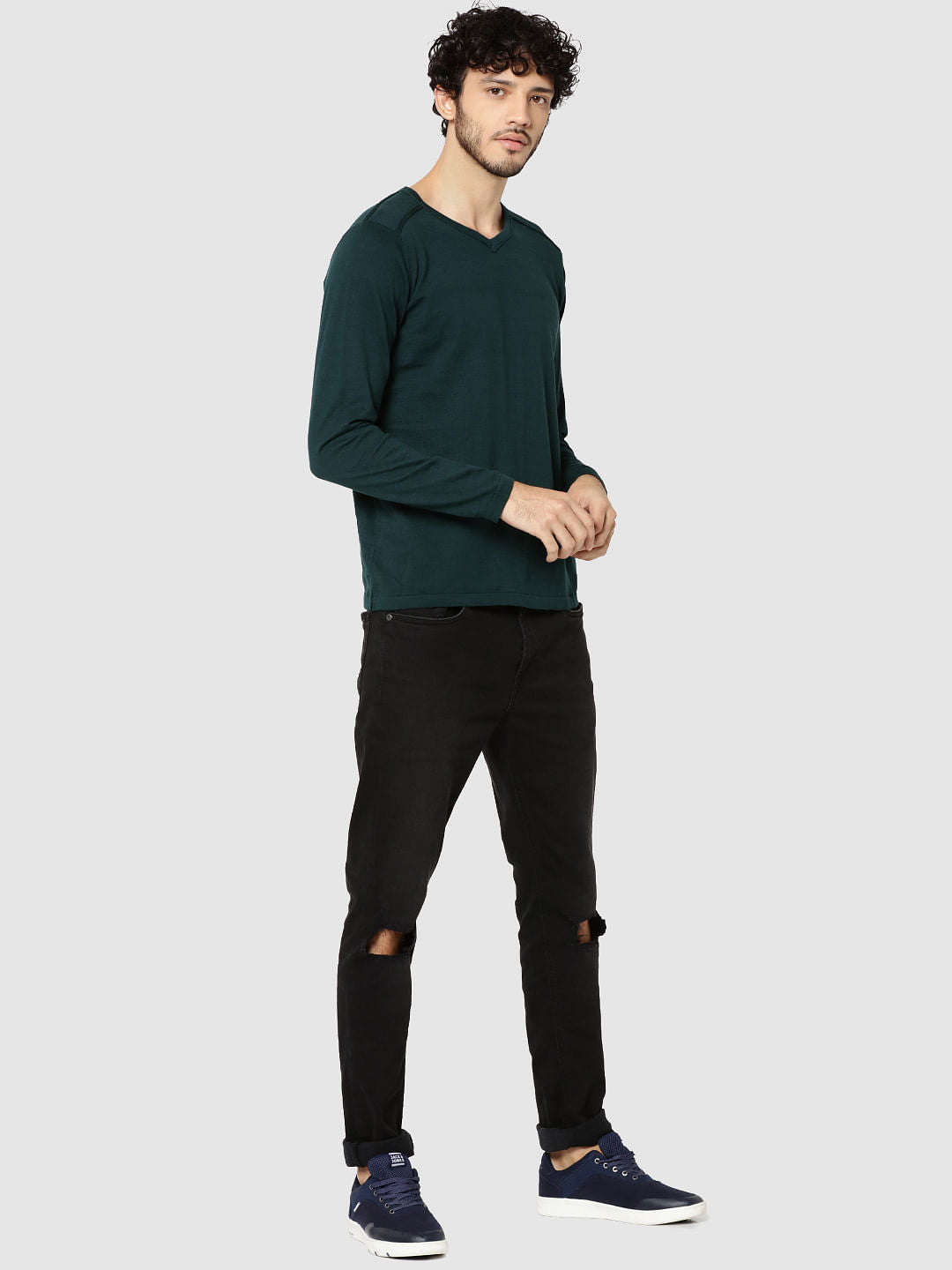 Green V-Neck Full Sleeves T-Shirt