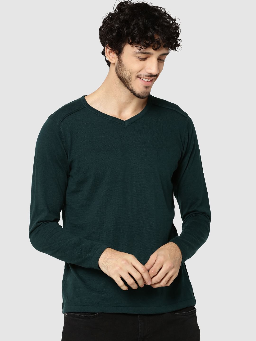 Green V-Neck Full Sleeves T-Shirt