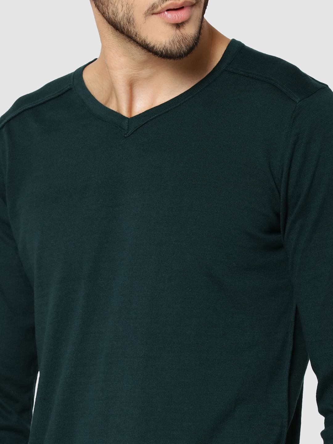 Green V-Neck Full Sleeves T-Shirt
