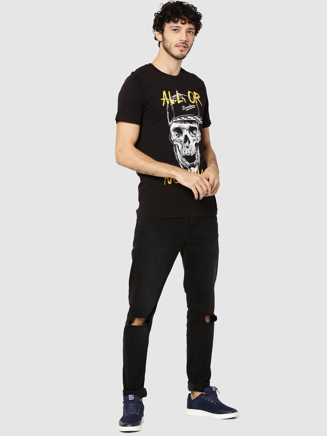 Black Skull Print Crew Neck T-Shirt