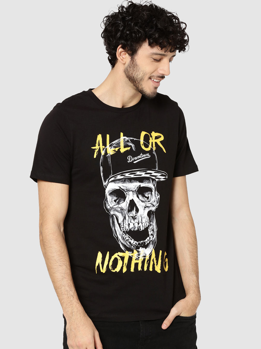 Black Skull Print Crew Neck T-Shirt