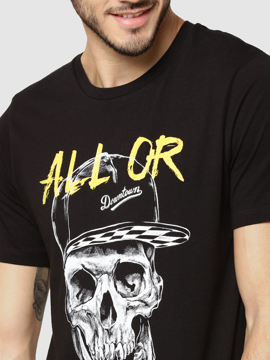 Black Skull Print Crew Neck T-Shirt