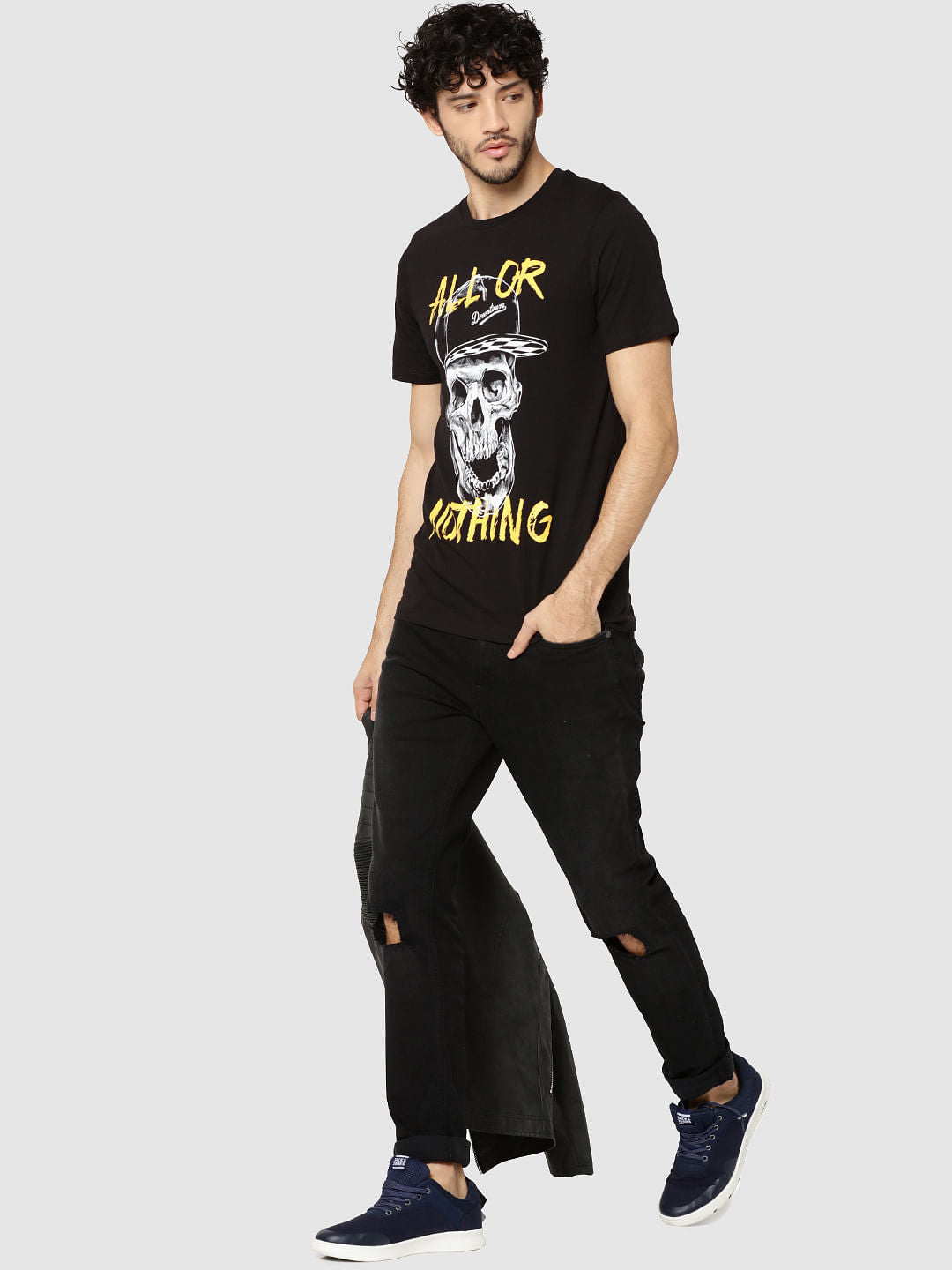 Black Skull Print Crew Neck T-Shirt