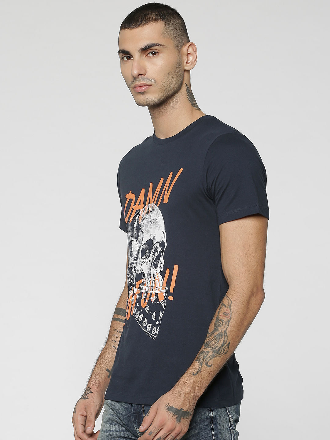 Dark Blue Skull & Graphic Print Crew Neck T-Shirt