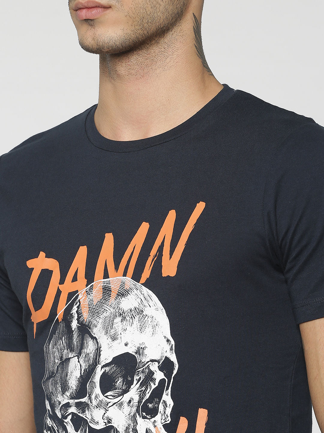 Dark Blue Skull & Graphic Print Crew Neck T-Shirt