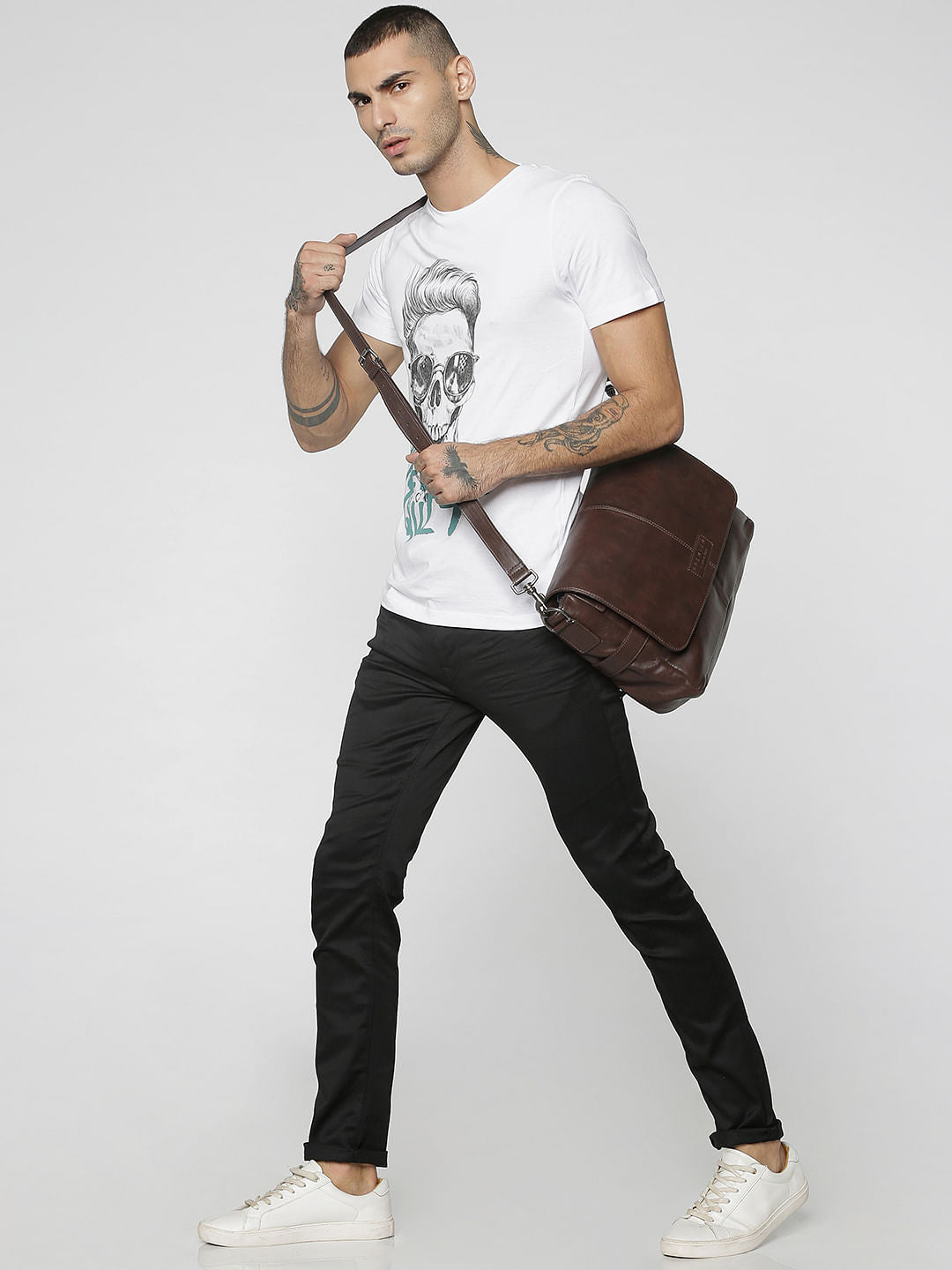 White Skull & Text Print Crew Neck T-Shirt