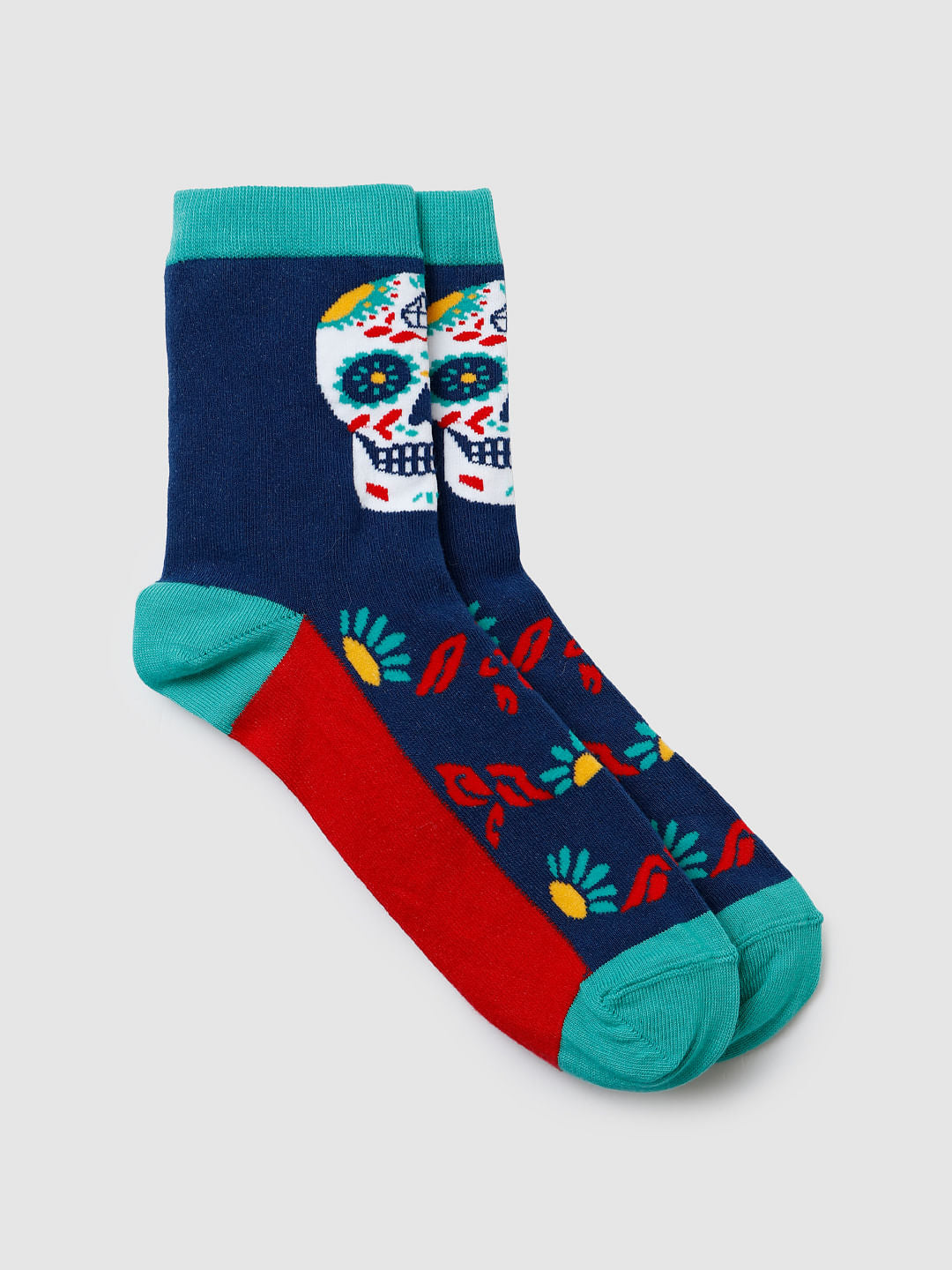 Blue Colour Blocked Mid Calf Length Socks