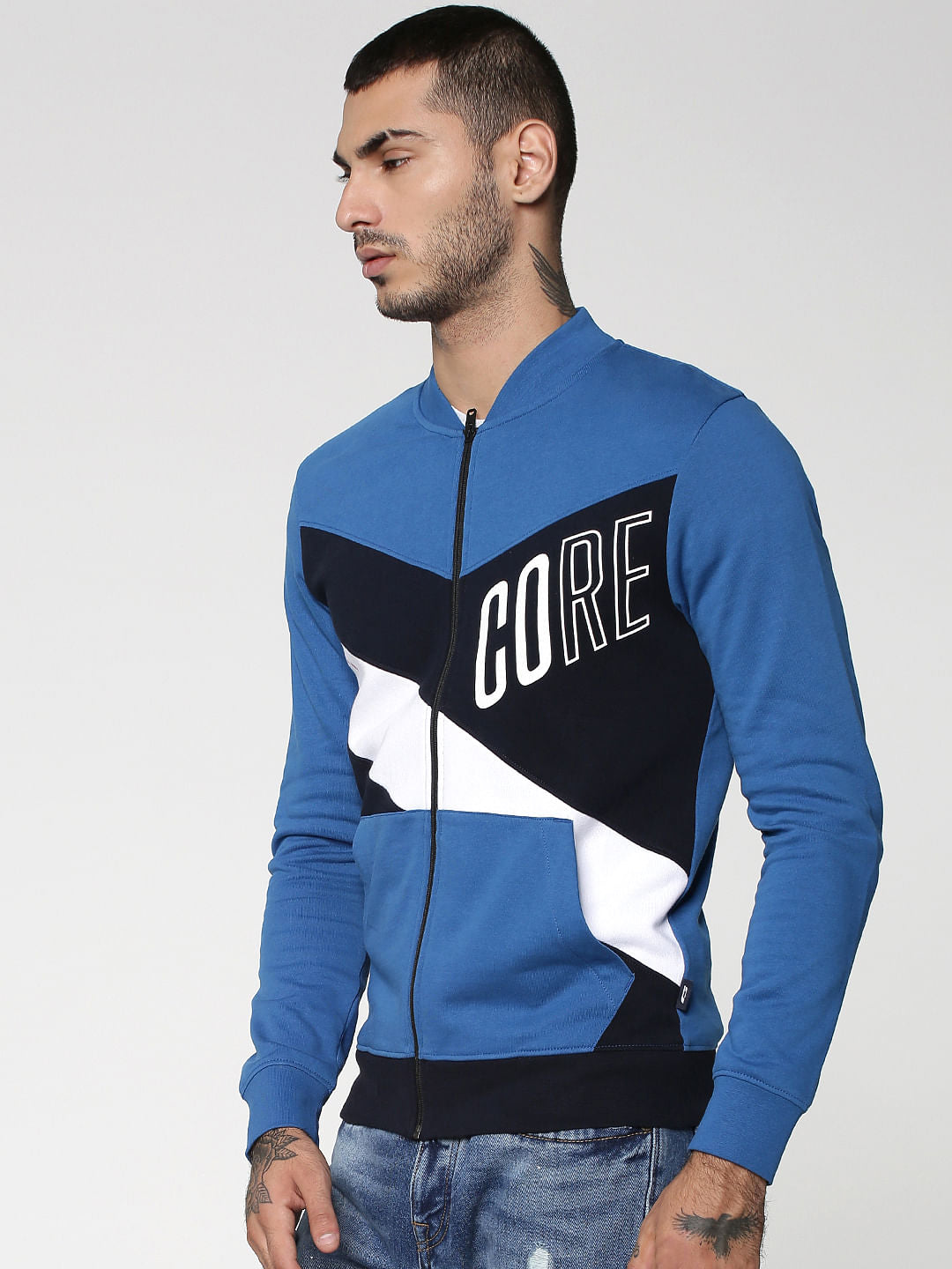 Blue Colourblocked Sweat Jacket
