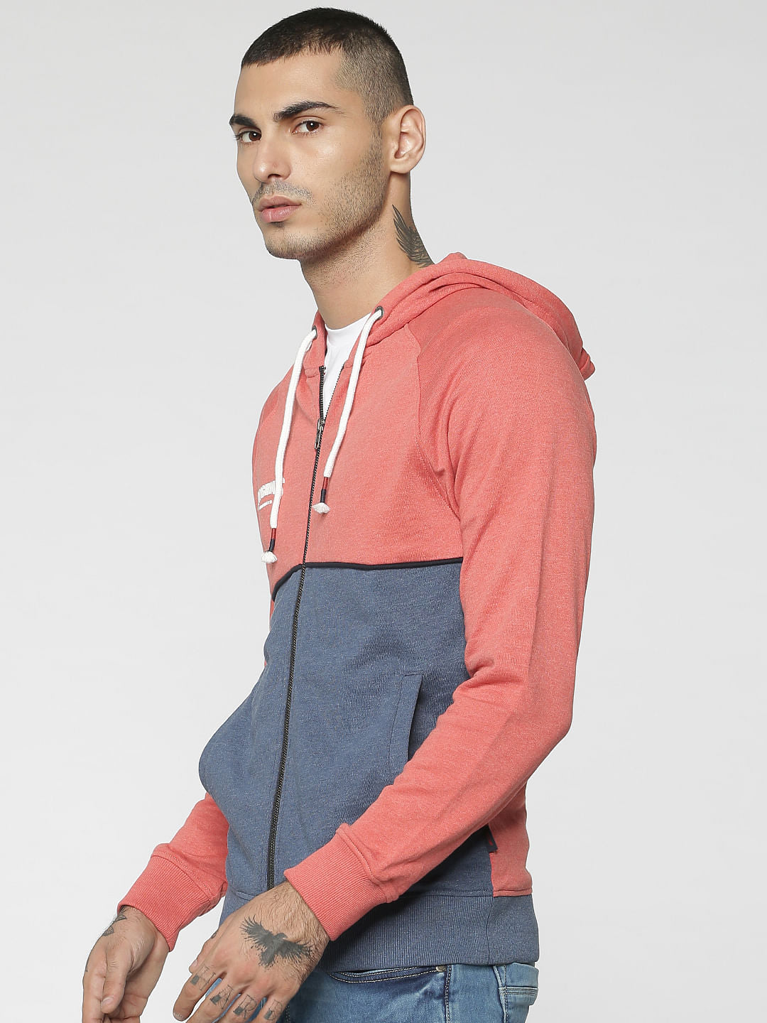 Peach Colourblocked Hooded Sweat Jacket