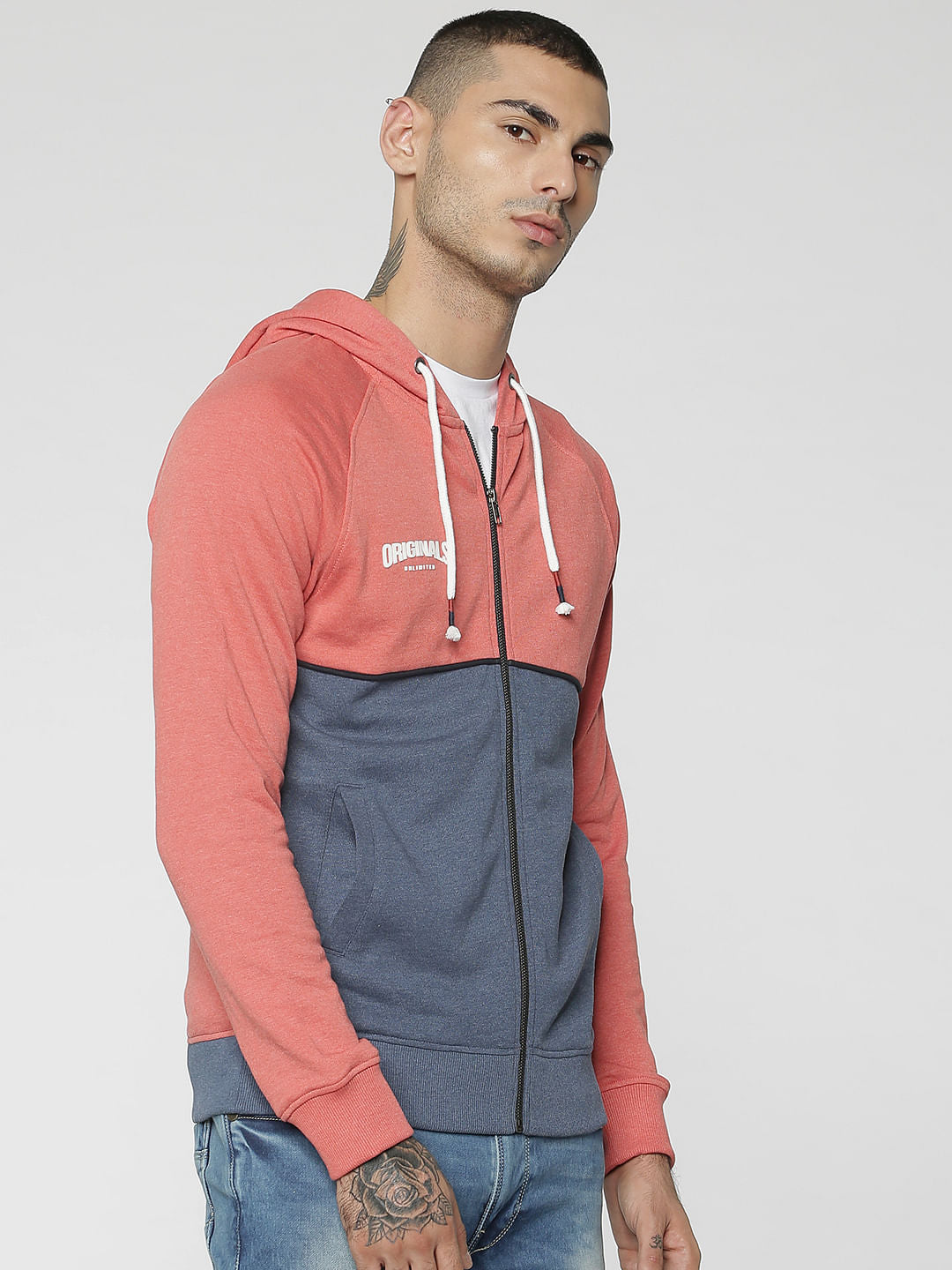 Peach Colourblocked Hooded Sweat Jacket