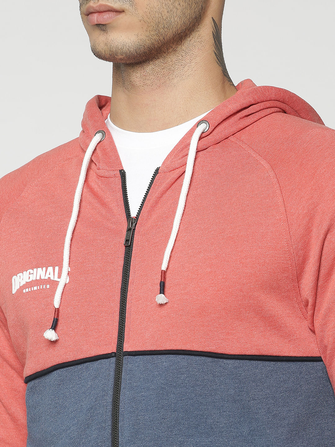 Peach Colourblocked Hooded Sweat Jacket