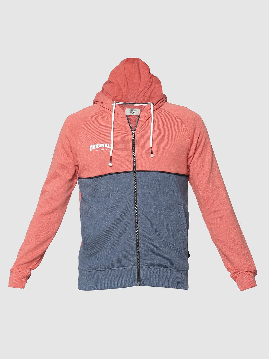 Peach Colourblocked Hooded Sweat Jacket