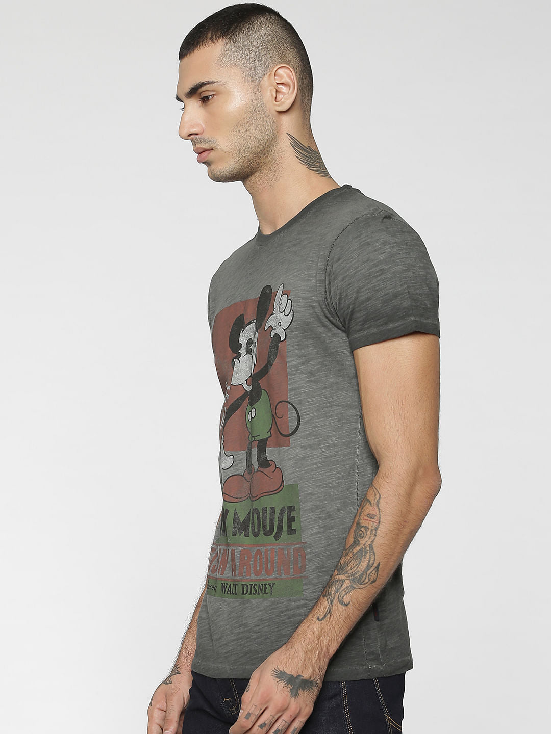Mickey Grey Mickey Mouse Print Crew Neck T-Shirt