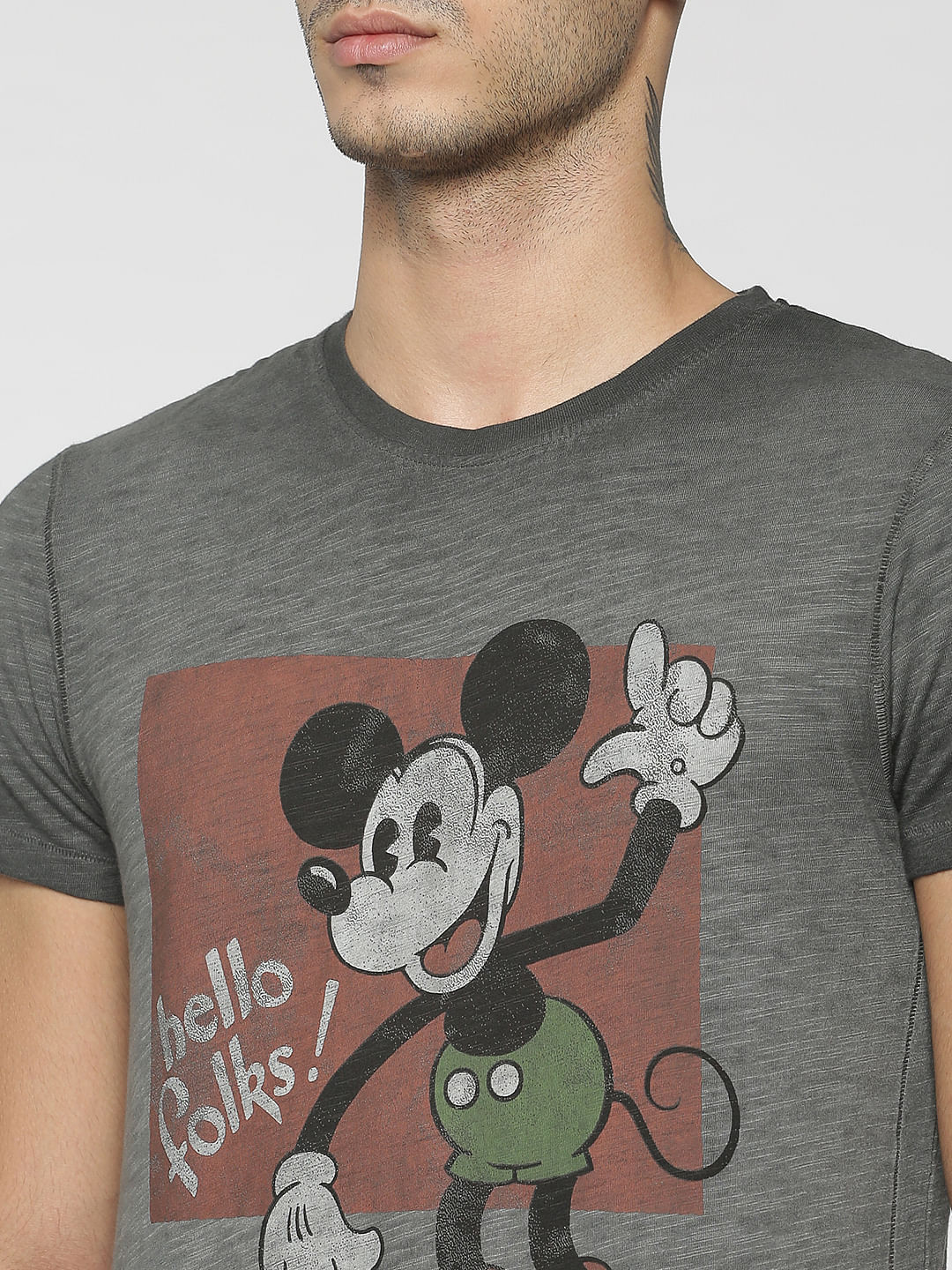 Mickey Grey Mickey Mouse Print Crew Neck T-Shirt