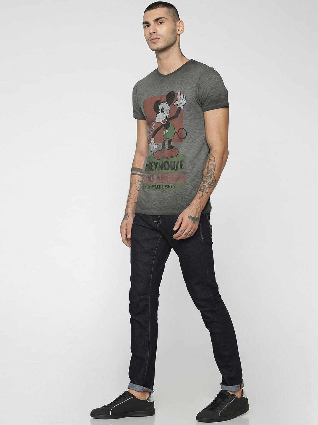 Mickey Grey Mickey Mouse Print Crew Neck T-Shirt
