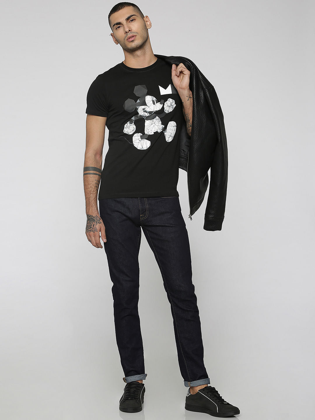 Mickey Black Mickey Mouse Origami Print Crew Neck T-Shirt