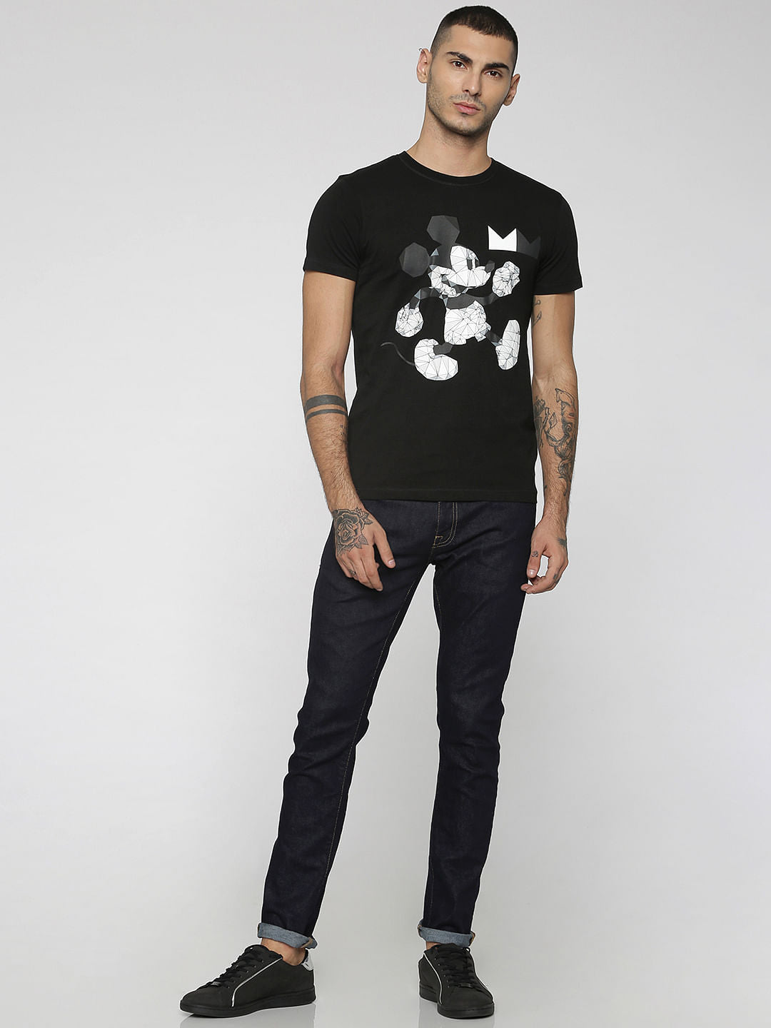 Mickey Black Mickey Mouse Origami Print Crew Neck T-Shirt