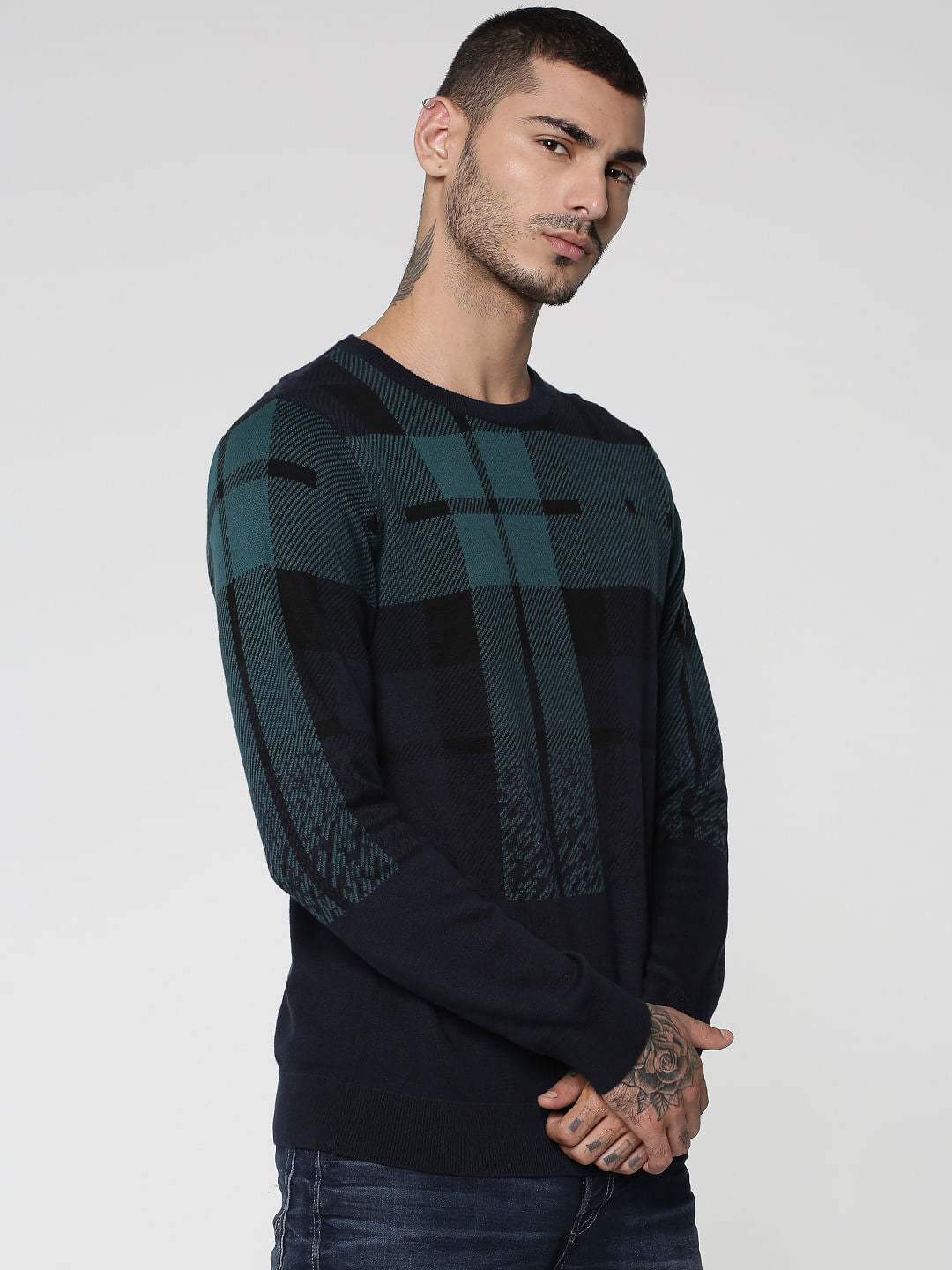 Dark Blue Ombre Check Sweatshirt
