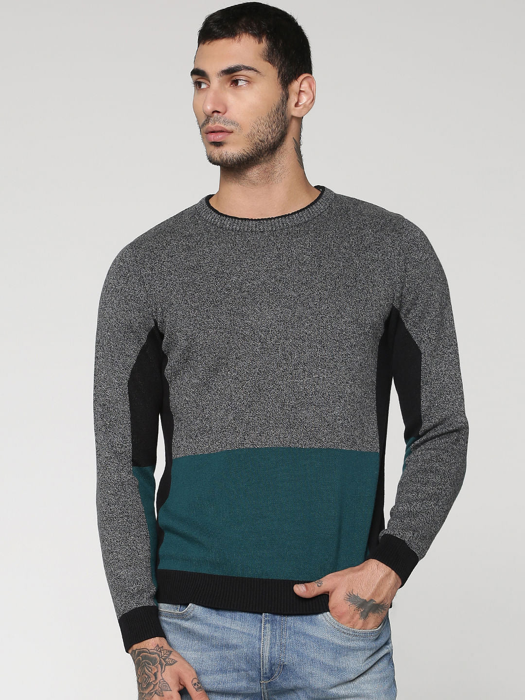 Black Colour Blocked Crew Neck Sweatshirt